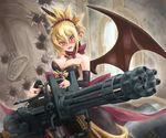  bat_wings blonde_hair blush bow breasts bullet_hole cleavage demon_girl detached_sleeves disgaea dress gatling_gun gun hair_ornament huge_weapon jewelry large_breasts m134_minigun machine_gun makai_senki_disgaea_2 necklace pointy_ears red_eyes ring rozalin strapless strapless_dress tamazen tears weapon window wings 