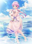  aria aria_pokoteng barefoot cat fingerless_gloves gloves green_eyes hair_tubes hat highres long_hair mizunashi_akari pink_hair short_hair_with_long_locks sidelocks solo uniform wading water yukinon_(tsuki_koubou) 