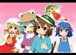  :&lt; bad_id bad_pixiv_id chen chen_(cosplay) cirno cirno_(cosplay) cosplay costume_switch flandre_scarlet flandre_scarlet_(cosplay) hair_bobbles hair_ornament highres kawashiro_nitori kawashiro_nitori_(cosplay) letterboxed moriya_suwako moriya_suwako_(cosplay) multiple_girls one_eye_closed oriennto thumbs_up touhou 