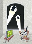  animal_ears bat bat_signal batman batman_(series) belt bodysuit boots chair dc_comics elbow_gloves gloves male_focus mask middle_finger night night_sky sitting sky solo table television the_dark_knight window 