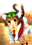  animal_ears brown_hair cat_ears cat_tail chen chestnut earrings hat jewelry leaf multiple_tails short_hair solo tail takamoto_akisa touhou 
