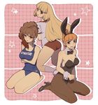  animal_ears blonde_hair bow bowtie brown_hair bunny_ears bunnysuit buruma fishnet_pantyhose fishnets gym_uniform hime_cut long_hair multiple_girls niso one-piece_swimsuit pantyhose ponytail school_swimsuit swimsuit umineko_no_naku_koro_ni ushiromiya_eva ushiromiya_natsuhi ushiromiya_rosa 