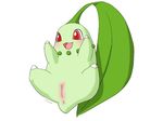  chikorita female feral flucra nintendo pok&eacute;mon pussy red_eyes simple_background video_games 