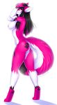  2016 anthro back_to_viewer black_hair breasts butt canine female fox fur hair hand_on_head invalid_color kitsunewaffles-chan long_hair looking_back mammal nipples nude pawprint pink_highlights pinup pose red_eyes side_boob simple_background solo standing yuki-the-fox yuki_the_fox 