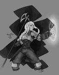  agrias_oaks armor braid breasts drawfag final_fantasy final_fantasy_tactics gloves greyscale halberd highres knight long_hair magic monochrome polearm single_braid solo weapon 