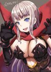  anna_jensch armor armored_dress black_gloves breasts cape cleavage commentary_request eyebrows fang gloves kanpani_girls large_breasts lolicept long_hair looking_at_viewer open_mouth purple_eyes red_cape silver_hair solo thick_eyebrows upper_body 