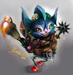 boots character_name fire furry gloves goggles goggles_on_head grey_background gumeaw league_of_legends mace machinery open_mouth rumble_(league_of_legends) walker weapon yellow_eyes 