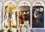  absurdres barefoot blonde_hair boots clare_(claymore) claws claymore claymore_(sword) highres horn long_hair monster multiple_girls priscilla_(claymore) sword teresa_(claymore) tianmi_de_siwang_ba weapon wings yellow_eyes 