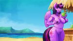  2015 anthro anthrofied beach beverage breasts coconut cutie_mark digital_media_(artwork) drinking equine eyelashes feathered_wings feathers female food friendship_is_magic fruit hair horn jewelry mammal multicolored_hair my_little_pony navel necklace nipples outside purple_eyes pussy seaside slightly_chubby solo twilight_sparkle_(mlp) winged_unicorn wings zwitterkitsune 