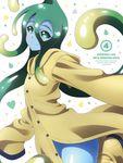  ahoge blue_skin copyright_name cover cowboy_shot dvd_cover flat_chest goo_girl green_eyes green_hair highres jacket long_hair monster_girl monster_musume_no_iru_nichijou official_art raincoat smile solo suu_(monster_musume) tentacle_hair very_long_hair 