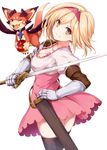  apple bad_id bad_pixiv_id black_legwear blonde_hair blush breasts brown_eyes djeeta_(granblue_fantasy) dragon dress fighter_(granblue_fantasy) food fruit gauntlets granblue_fantasy hairband hand_on_hip looking_at_viewer medium_breasts one_eye_closed pink_hairband scabbard sheath short_hair skirt smile solo sword takehana_note thighhighs thighs underwear vee_(granblue_fantasy) weapon zettai_ryouiki 