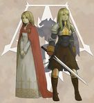  agrias_oaks armor blonde_hair blue_eyes boots braid breastplate cape dress final_fantasy final_fantasy_tactics gloves knight long_hair multiple_girls ovelia_atkascha single_braid sword weapon yonaka_(empr0621) 