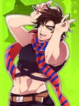  :d abs arms_up bare_arms bare_shoulders belt belt_buckle biceps black_pants black_shirt brown_belt brown_hair buckle bunny_pose chikusawa commentary_request crop_top green_background green_eyes head_tilt jojo_no_kimyou_na_bouken joseph_joestar_(young) looking_at_viewer male_focus midriff muscle navel no_gloves open_mouth pants scarf shirt sleeveless sleeveless_shirt smile solo standing star starry_background stomach striped striped_scarf thick_eyebrows upper_body 