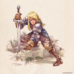  agrias_oaks arm_guards armor blonde_hair blue_eyes boots braid breastplate brown_eyes final_fantasy final_fantasy_tactics gloves grass knee_pads knight long_hair parted_lips pauldrons plant rock serious shoulder_pads single_braid solo sword weapon 