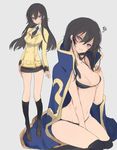  ashford_academy_uniform belt between_legs black_bra black_hair black_legwear black_neckwear black_panties black_skirt blush bra breasts cape cleavage closed_mouth code_geass d: double-breasted genderswap genderswap_(mtf) hand_between_legs ihonhon kneehighs lelouch_lamperouge loafers long_hair long_sleeves looking_at_viewer medium_breasts miniskirt multiple_views necktie open_mouth over-kneehighs panties purple_eyes school_uniform shoes sitting sketch skirt smile squiggle standing thighhighs underwear 