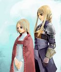  agrias_oaks armor blonde_hair blue_eyes braid breasts cape dress final_fantasy final_fantasy_tactics gloves highres knight long_hair multiple_girls ovelia_atkascha sachiwo single_braid 