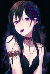  1girl achiki bangs bare_shoulders black_background black_dress black_hair breasts brooch choker collarbone commentary_request dress hair_between_eyes head_tilt jewelry long_hair looking_at_viewer mouth_hold open_mouth original purple_eyes sleeveless sleeveless_dress small_breasts solo teeth upper_body 