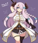  bare_shoulders black_gloves blue_eyes blush braid breasts commentary_request demon_horns draph elbow_gloves gloves granblue_fantasy hair_ornament hair_over_one_eye haniwagi_(hal) horns large_breasts lavender_hair long_hair looking_at_viewer narmaya_(granblue_fantasy) open_mouth pointy_ears single_glove single_thighhigh solo sword thighhighs weapon 