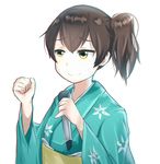  araragi_tsukihi araragi_tsukihi_(cosplay) bakemonogatari brown_eyes brown_hair clenched_hand cosplay disco_brando ears eyebrows hair_between_eyes highres iguchi_yuka japanese_clothes kaga_(kantai_collection) kantai_collection kimono long_hair looking_to_the_side microphone monogatari_(series) pinky_out seiyuu_connection self_upload side_ponytail simple_background smile solo upper_body white_background yellow_eyes 