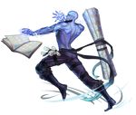  back bald beard black_hair blue_eyes blue_skin book boots facial_hair full_body highres indseind league_of_legends male_focus pose ryze shirtless solo tattoo transparent_background 