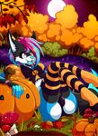  anthro bulge canine clothed clothing fangs forest fox halloween holidays legwear male mammal open_mouth outside sitting smile solo sweetsushi teeth thigh_highs tongue tree underwear 