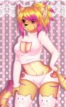  anthro breasts clothed clothing feline female hair inner_ear_fluff invalid_tag legwear looking_at_viewer mammal multicolored_hair priincessu smile solo standing stripes teeth thigh_highs two_tone_hair 