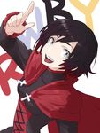  black_hair cape corset dress gradient_hair looking_at_viewer multicolored_hair muzy pointing pointing_up red_hair ruby_rose rwby silver_eyes smile solo 