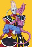  animal_ears armband artist_name beerus blue_skin carrying cat_ears cat_tail cheek_licking claws dragon_ball dragon_ball_z earrings face_licking jewelry licking male_focus multiple_boys neck_ring one_eye_closed purple_skin raku220p robe signature smile tail whis white_hair wrist_cuffs 