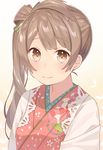  blush bow brown_eyes brown_hair commentary_request floral_print green_bow hair_bow japanese_clothes kimono long_hair looking_at_viewer love_live! love_live!_school_idol_project minami_kotori minasenagi nengajou new_year side_ponytail smile solo upper_body 