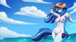  2015 anthro anthrofied areola armpits big_breasts blue_eyes blue_hair breasts cloud crossgender cutie_mark digital_media_(artwork) equine erect_nipples female friendship_is_magic hair hat horn long_hair mammal multicolored_hair my_little_pony navel nipples nude outside pussy shining_armor_(mlp) sky smile solo two_tone_hair unicorn water zwitterkitsune 