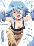  :d ^_^ ahoge blue_hair blue_skin blue_wings blush breasts closed_eyes copyright_name cover dvd_cover feathered_wings feathers happy harpy highres incoming_hug medium_breasts monster_girl monster_musume_no_iru_nichijou navel official_art open_mouth papi_(monster_musume) scales short_hair shorts smile solo tank_top wings 