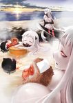  :d absurdres aircraft_carrier_hime animal beach breasts cleavage cloud cloudy_sky commentary_request enemy_aircraft_(kantai_collection) highres horizon horn horns huge_breasts kantai_collection long_hair looking_at_viewer monkey multiple_girls northern_ocean_hime ocean onsen open_mouth partially_submerged saitou_mei_(meigetsu) seaport_hime shinkaisei-kan sky smile snow_monkey sunset white_hair white_skin 