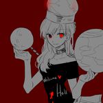  chain clothes_writing collar globe grin hat heart hecatia_lapislazuli long_hair looking_at_viewer monochrome nr_(cmnrr) polos_crown red_background red_eyes shirt sketch skirt smile solo spot_color touhou upper_body 