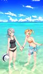  2girls ;d alternate_costume asymmetrical_hair bangs bare_shoulders barefoot bikini bikini_top blonde_hair bracelet breasts cleavage cloud collarbone commentary_request day flipped_hair green_eyes hat hat_removed headwear_removed holding holding_hands holding_hat jewelry kantai_collection maikaze_(kantai_collection) medium_breasts midriff multiple_girls navel nowaki_(kantai_collection) ocean one_eye_closed open_mouth outdoors parted_bangs partial_commentary ponytail sarong scrunchie silver_eyes silver_hair sky smile swept_bangs swimsuit wading water 