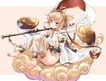  andira_(granblue_fantasy) arm_support ass barefoot breasts brown_eyes chestnut_mouth cloud detached_leggings detached_sleeves erune feet flying_nimbus from_side granblue_fantasy hinooka_shuuji long_sleeves no_bra open_mouth polearm sash shawl sideboob sitting small_breasts soles solo tabard toes two_side_up weapon wide_sleeves 