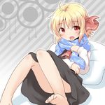  :d bare_legs barefoot blonde_hair fang natsu_no_koucha open_mouth pillow red_eyes rumia scarf shirt short_hair skirt smile solo touhou vest 