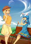  :o ambiguous_red_liquid animal_ears bad_id bad_pixiv_id bench blonde_hair blouse blue_dress blue_hair blush breasts bunny_ears bunny_tail cabbie_hat crescent dress ear_clip floppy_ears groin hand_on_own_chest hat highres hips kine long_hair looking_at_viewer mallet medium_breasts midriff moon multi-tied_hair multiple_girls navel open_mouth orange_shirt outdoors purple_eyes red_eyes ringo_(touhou) seiran_(touhou) shirt short_hair shorts sitting sitting_on_bench sky stain star tail toned touhou twintails waving yanagi_638 