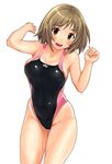  blush breasts brown_eyes brown_hair cameltoe cleavage collarbone competition_swimsuit covered_navel groin highleg highleg_swimsuit highres idolmaster idolmaster_cinderella_girls kabocha_head large_breasts looking_at_viewer mimura_kanako one-piece_swimsuit open_mouth short_hair solo swimsuit thighs 