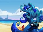  2015 anthro anthrofied beach bikini blue_eyes blue_hair bracelet butt clothing cloud cutie_mark digital_media_(artwork) equine feathered_wings feathers female friendship_is_magic hair horn jewelry kneeling long_hair looking_at_viewer mammal my_little_pony outside patreon princess_luna_(mlp) seaside smile solo swimsuit winged_unicorn wings zwitterkitsune 