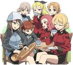  aki_(girls_und_panzer) assam black_skirt blonde_hair blue_eyes boots braid brown_eyes brown_hair chair closed_eyes commentary crossed_arms cup darjeeling drinking girls_und_panzer green_eyes grin hair_pulled_back hair_ribbon hat holding instrument jacket kantele keizoku_military_uniform knee_boots leaning_forward long_hair long_sleeves looking_at_another mika_(girls_und_panzer) mikko_(girls_und_panzer) military military_uniform multiple_girls one_eye_closed orange_pekoe pleated_skirt red_eyes red_hair ribbon rosehip short_hair sitting skirt smile st._gloriana's_military_uniform sweatdrop table teacup track_jacket tsuchinoko_(muni_muni) uniform 