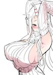  absurdres armpits arms_up blush breasts commentary_request highres kantai_collection kayumidome large_breasts long_hair ribbed_sweater seaport_hime solo sweater 