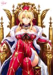 1girl ahoge artoria_pendragon_(all) artoria_pendragon_(lancer) bangs bell bell_choker bell_earrings blue_cape braid breasts bridal_gauntlets cape choker closed_mouth cross cross_hair_ornament crown earrings expressionless eyebrows_visible_through_hair fate/grand_order fate_(series) french_braid fur-trimmed_cape fur_trim glitter gold gold_trim green_eyes hair_between_eyes hair_ornament hat highres hips jewelry large_breasts legs_crossed leotard long_hair looking_at_viewer nail_polish necklace pink_nails red_legwear red_leotard sakiyamama santa_costume santa_hat sapphire_(stone) sidelocks signature simple_background sitting solo swept_bangs thighs throne white_background 
