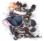  blonde_hair frilled_skirt frills furim hair_ribbon highres mary_janes outstretched_arms pantyhose red_eyes ribbon rumia shirt shoes short_hair skirt smile socks socks_over_pantyhose solo spread_arms touhou vest 