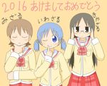  3girls aioi_yuuko black_eyes black_hair blue_eyes blue_hair blush brown_hair closed_eyes glasses long_hair minakami_mai multiple_girls naganohara_mio nichijou owlz school_uniform short_hair three_monkeys tokisadame_school_uniform translated twintails 