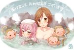  2girls :3 air_bubble akeome animal bangs blue_eyes blush breasts brown_hair bubble cleavage closed_mouth dripping drooling eyebrows eyebrows_visible_through_hair happy_new_year large_breasts long_hair looking_at_another megurine_luka meiko monkey multiple_girls new_year onsen partially_submerged pink_hair saliva short_hair smile snowflakes ssn steam swept_bangs vocaloid water wet wet_hair yellow_eyes yuri 