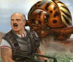  alexander_lukashenko bug commentary english_commentary facial_hair giant_insect gun insect lightrl male_focus mustache parody potato_beetle realistic starship_troopers tattoo weapon 