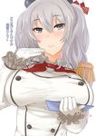  beret breast_lift breasts clipboard commentary epaulettes gachou gloves grey_eyes hat kantai_collection kashima_(kantai_collection) large_breasts looking_at_viewer military military_uniform silver_hair solo translated twintails uniform white_gloves 