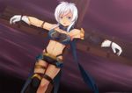  bandeau bdsm blue_eyes bondage bound crucifixion gloves midriff navel open_mouth purple_background restrained rondoline_e_effenberg short_hair short_shorts shorts single_thighhigh solo tales_of_(series) tales_of_phantasia:_narikiri_dungeon_x thighhighs white_gloves white_hair yasume_yukito 