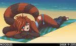  &lt;3 anthro beach bear black_nose blue_eyes brown_fur brown_hair bulge cloth clothed clothing crossdressing fur girly hair lying male mammal multicolored_fur noodles_(character) on_front panda panties pants partially_clothed red_panda sea seaside shiuk smile solo underwear water 
