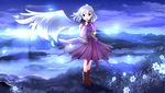  angel_wings dress highres jacket kishin_sagume long_sleeves looking_at_viewer moonlight open_clothes open_jacket purple_dress purple_eyes risutaru scenery single_wing solo touhou wings 